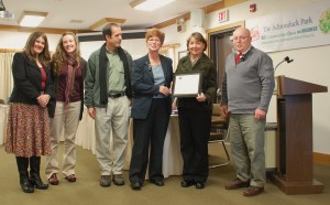 From Left: APA Executive Directory Terry Martino, Ausable River Association Executive Director Corrie Miller, Paul Smiths College Professor Curt Stager, APA Chairwoman Leilani Ulrich, Wild Center Executive Director Stephanie Ratcliffe and Committee Chair Bill Valentino. Courtesy photo. 