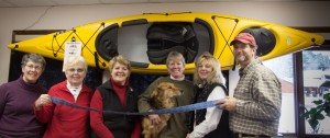 From left to right is Carolyn Belknap, Robin Dwyer, Reggie Chambers, Shelby the Kayaking Dog, Connie Perry, Gordi Christodaro and Mitch Lee. Photo by Carolyn Belknap.
