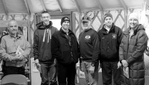 Snoeshoe Race awards, from left, Racers Kevin Hoehn, Eric Hulbert, Matt Westerlund, Kiwanis Vice President Mike Griffin and racers Ben Harper, and Jessica Northan