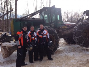 Day of ride- Jerry Levi with Mark "hollywood" Armstrong & Todd Foster. Visiting the logging job site of Levi Lumbber of Inlet, Jerry's family business