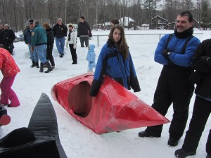 Race contestants ready their sleds for launch at Inlet's Fern Park. 