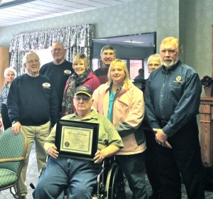 Honoree Al Stripp, seated, with daughter Susan. In the back from left are Kiwanis Past President Ray Schoeberlein, Member Tom Smedley, Central Division Lt. Gov. Carolyn Trimbach, Past Pres. Chris Gaige, Nancy Schoeberlein and current President Mike Griffin. 