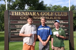 Scholarship Recipients Cory Down, left, and Evan Nahor, right, with Thendara Golf Pro Rich Chapman. Missing is Adam Winslow. Photo by Michele deCamp