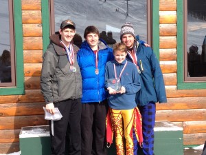 Town of Webb School, Boys Alpine Team skiers, Adam Levi, Carter Lawrence, Charlie Uzdavinis, and Connor Glasser. 