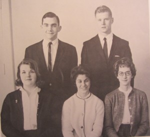 Officers for the Class of 1965 were, front row: Pamela Parry, treasurer; Eleanor Kalil, secretary; Joan Getaz, Student Council representative. Back row: Mike Wilcox, vice-president and Lansing Judson, president.