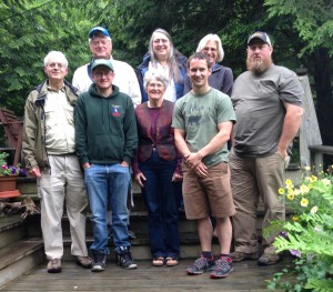 Regional Inlet Invasive Plant Program volunteers gathered on June 28. Shown in the front row, from left are Doug Johnson, Paul Garrison, Ellen Collins, Zack Simek, and Ryan Burkum. In the back row are Avery Menz, Elizabeth Mangle, and Jan McCann. Photo by John Collins